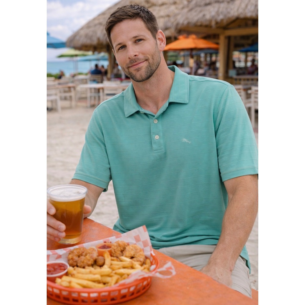 Tommy Bahama Men XL Polo Shirt Teal Striped Marlin Logo Golf Casual Tencel Modal